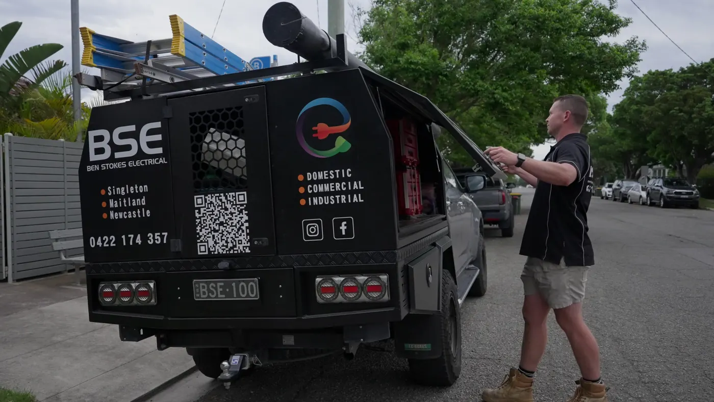 Ben at the back of the Ben Stokes Electrical ute