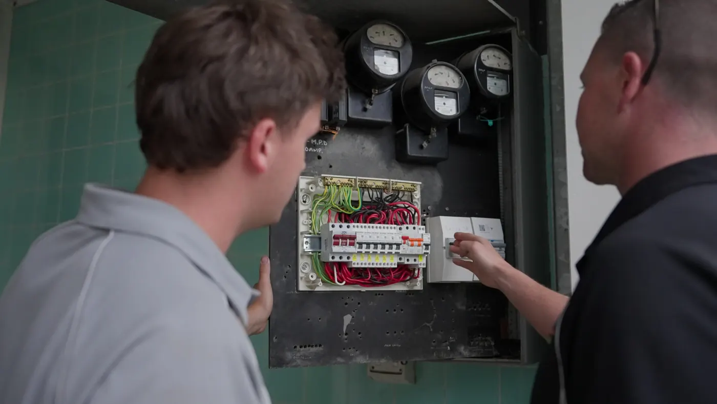 Ben and a crew member at the old switchboard with three meters